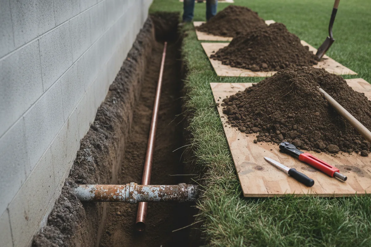 Excavated water line trench during Water Softener Installation in Bryn Athyn